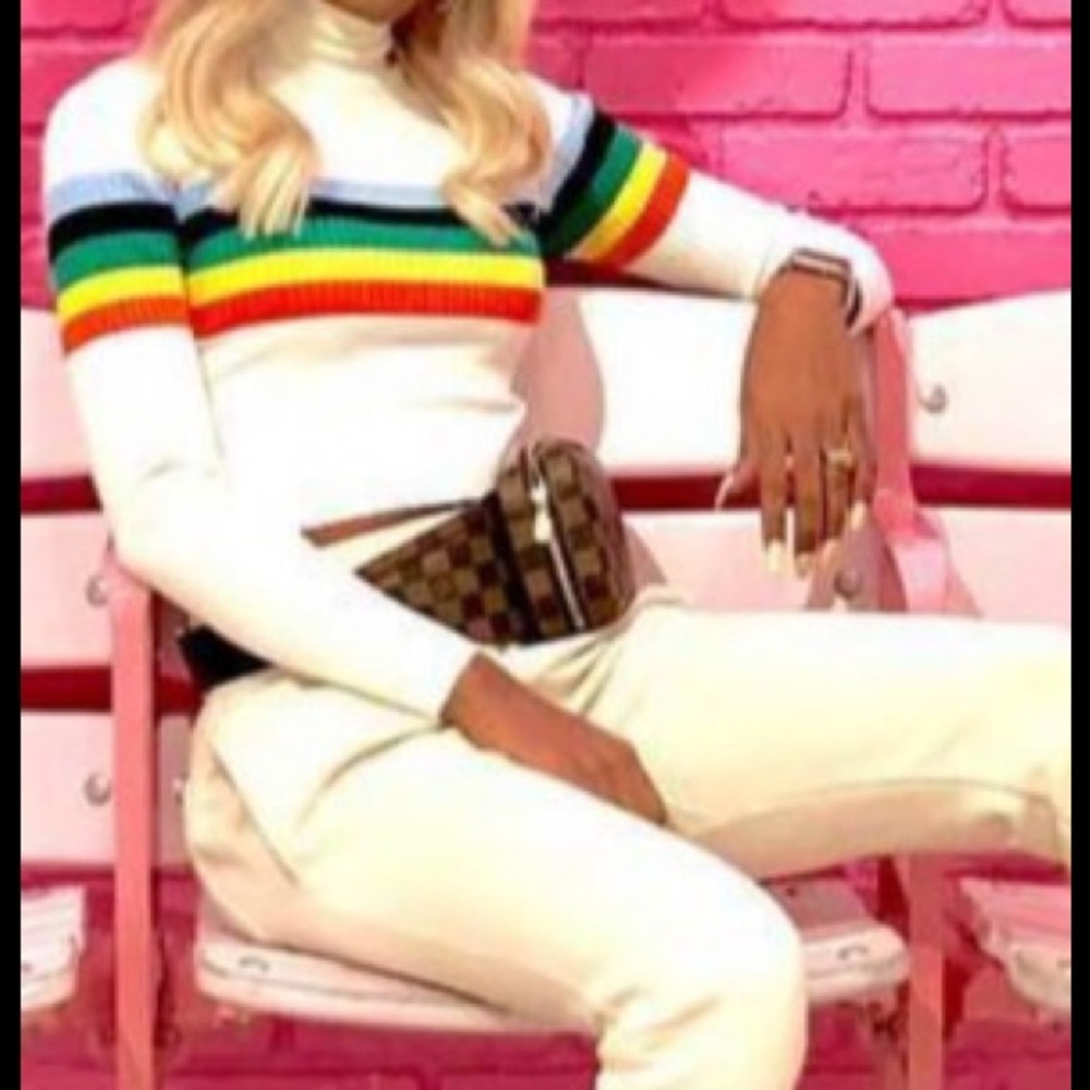 Stylish Form Fitted Crop Rainbow Striped Rib Knit Neck Cuffs Long Sleeve Sweater - Picture 4 of 5